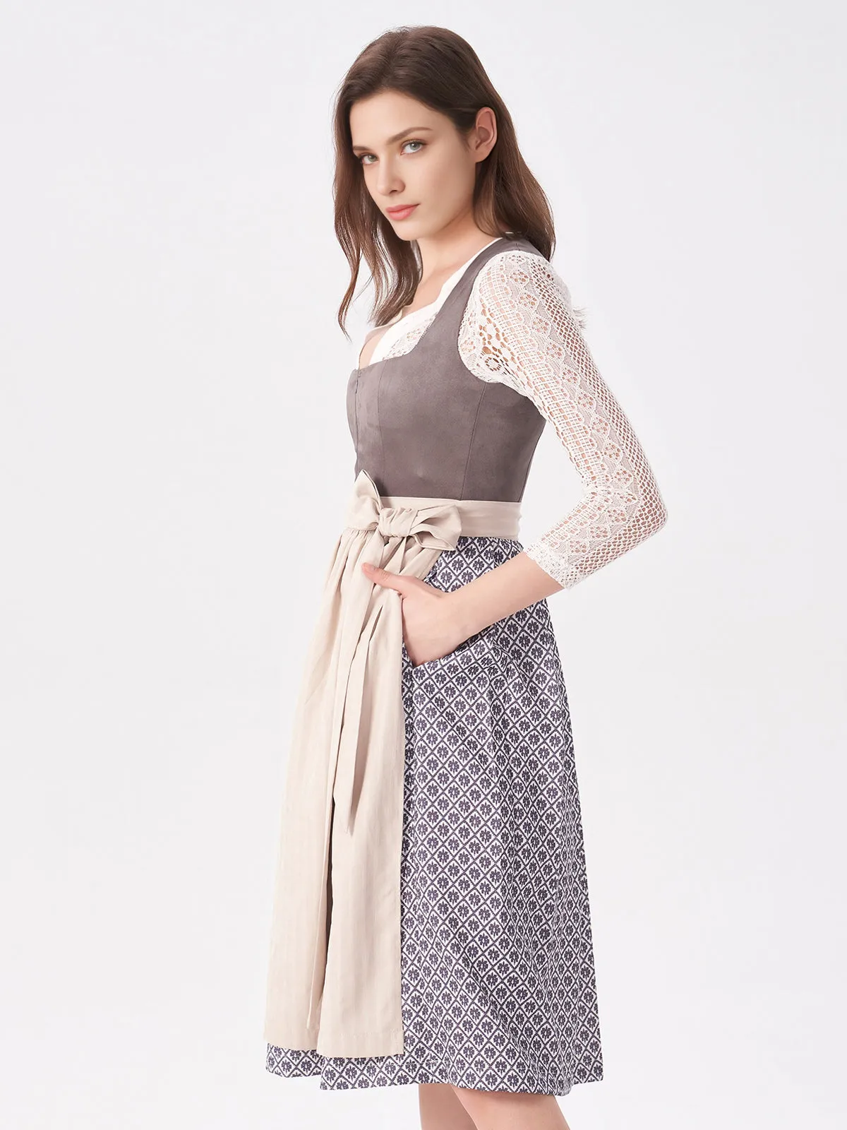 Damen Grau Zwei verdeckte Eingriffstaschen Geometrische Muster Dirndl MAXIMA